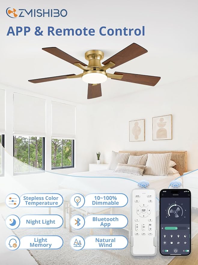 ZMISHIBO 42 Inch Ceiling Fans with Lights, Remote&App Control, Flush Mount | Low Profile, Dimmable 20W LED Light, Quiet Reversible Motor, Strong Airflow, Easy Install for Bedroom/Living Room/Apt, Gold