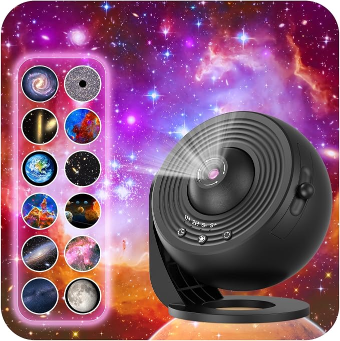 Galaxy Projector for Bedroom, HD Image Star Projector Galaxy Light Adjustable Knob, 13 Film Discs Planetarium Projector for Kids, 360° Rotating 1/2h Timer Simple 3-Button Control Deep Black