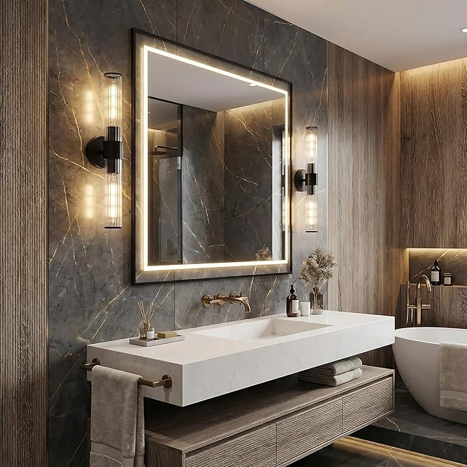 Bathroom Light Fixtures 2 Pack Hardwired, Black Wall Sconce Threaded Glass Vanity Light Featuring Two E26 sockets, Bathroom Wall Light Dimmable - Bulb Not Included, UL Certification