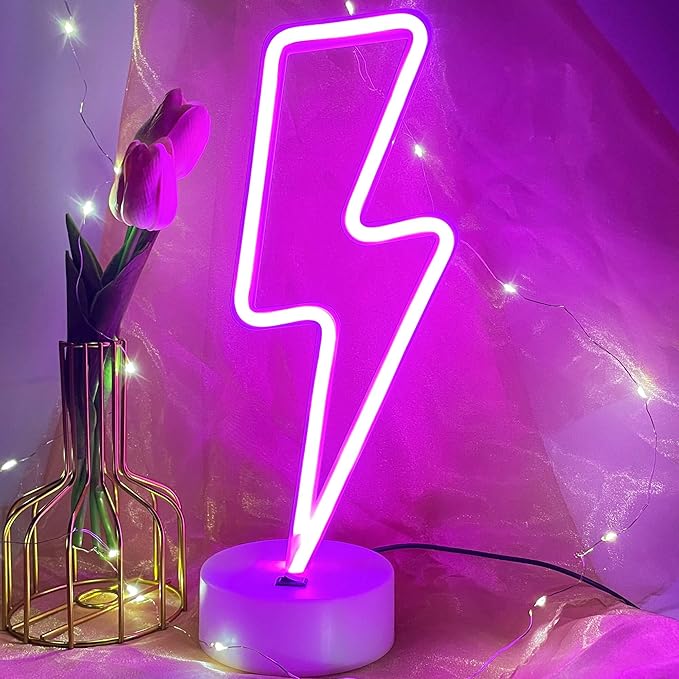 Lightning Bolt Neon Sign Purple With Base for Bedroom, USB/Battery Thunder Lamp Night Light, LED Shaped Decor for Desk Table Game Room Man Cave