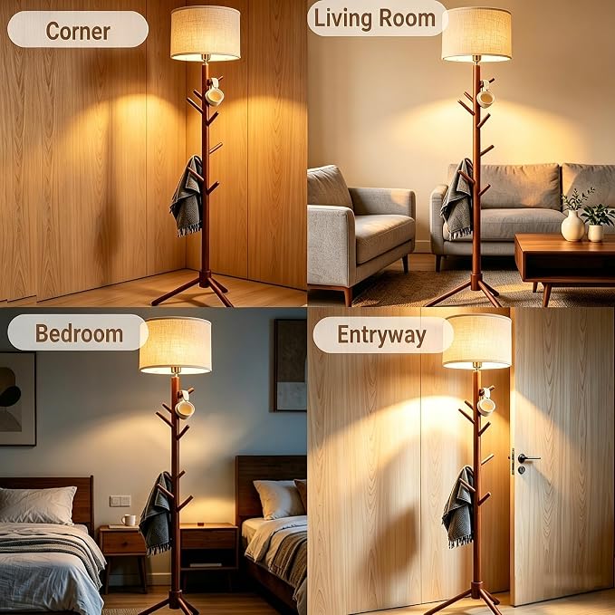 Floor Lamp with Coat Rack, 2-in-1 Entryway Tall Lamp 3 Color Dimmable 78.8" Standing Lamps with 6 Hooks & Triangular Base for Living Room Corner, Bedroom, Small Apartments & Foyers