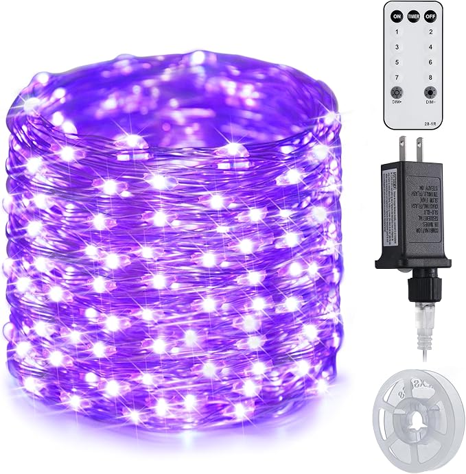JMEXSUSS 200 LED Purple Fairy Lights Plug in | 8 Modes Purple Halloween Lights indoor with Wheel, 66 ft Remote Control Christmas Lights for Halloween Christmas Party