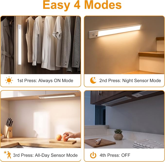 Zhuanxu 12inch Under Cabinet Lighting Wireless, Closet Light, Rechargeable LED Motion Sensor Indoor, 3 Color Temps&4 Modes Kitchen Light, Long Lasting, Stick-On Magnetic Led Lights for Bedrooms, 2PC