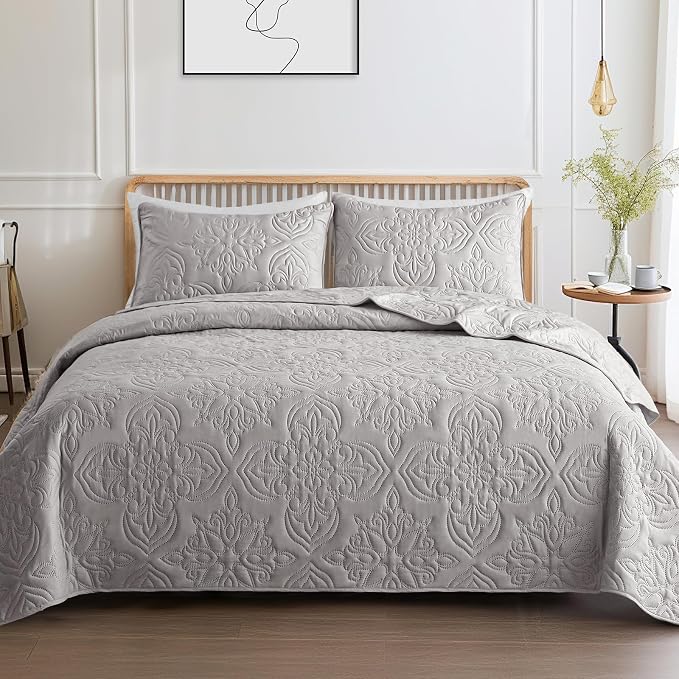 Whale Flotilla Cal King Quilt Set Vintage Damask Reversible Bedspread | Suitable for Bed, 3 Pieces Light Grey Lightweight Breathable Oversized Quilts, Ultrasonic Coverlet with 2 Pillow Shams