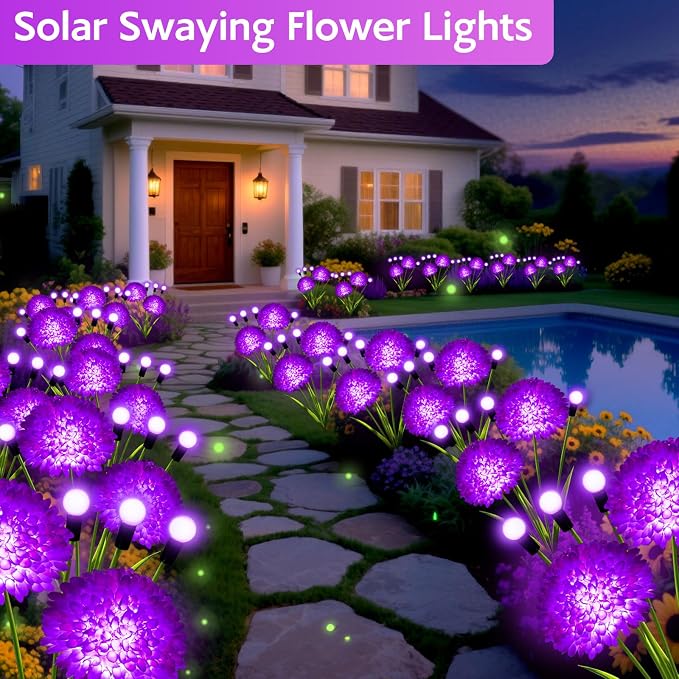 Solar Garden Lights, 6 Pack Solar Purple Swaying Firefly Lights with Flowers, Waterproof Purple Halloween Flowers Light Outdoor for Garden Patio Yard Fall Decoration, Gifts for Women Mother's Day
