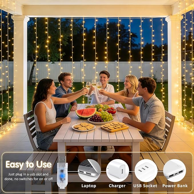 JMEXSUSS USB Plug in Curtain Lights 200 LED with 8 Modes, 6.5ftx6.5ft | Remote, Warm White Curtain Fairy Lights, String Lights for Bedroom, Classroom, Dorm, Wedding, Xmas, Party Decor