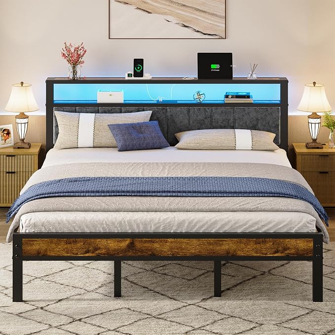 Liians King Size Bed Frame with LED Lights, Upholstered Headboard | Platform Bed with 2-Tier Storage Shelves, Charging Station, Noise Free, No Box Spring Needed, Easy Assemably