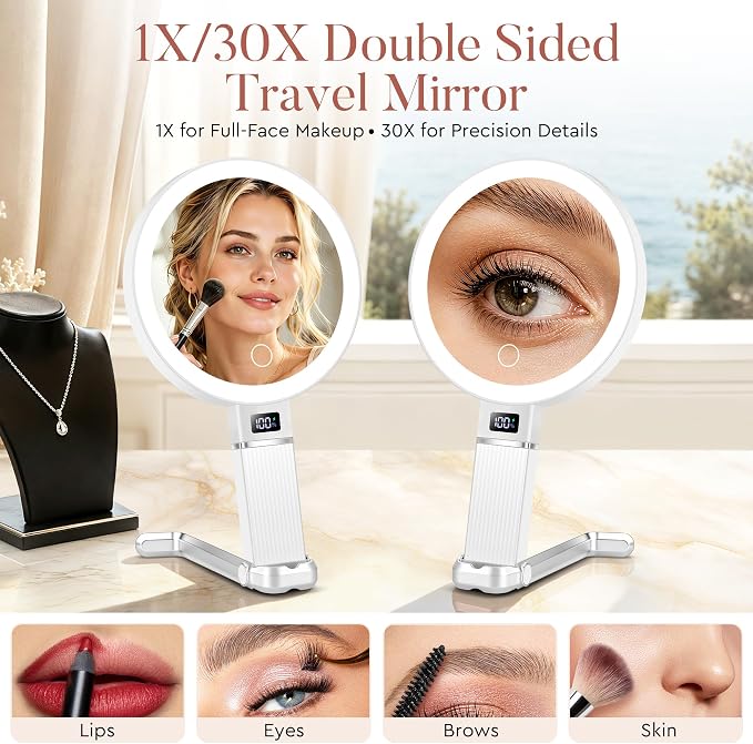MIYADIVA Upgraded Gen 2 Travel Makeup Mirror with Lights, Height Adjustable 30X/1X Magnifying Mirror, Portable Foldable Mirror with Digital Display & Phone Holder, Handheld Tabletop Hanging
