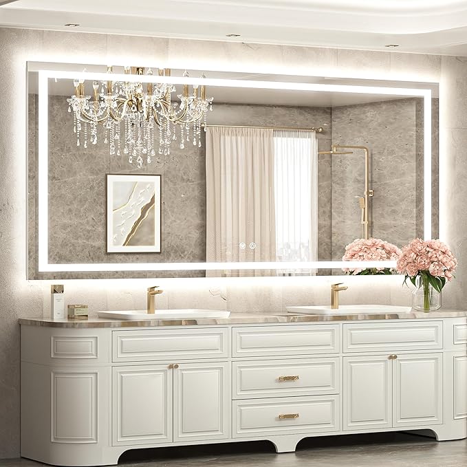 72 x 36 LED Bathroom Mirror with Lights, Brighter Front and Backlit Led Lighted Vanity Mirror Wall Mounted, 3-Color Dimmable Light up Anti Fog Mirror, Waterproof, Shatterproof Tempered Glass
