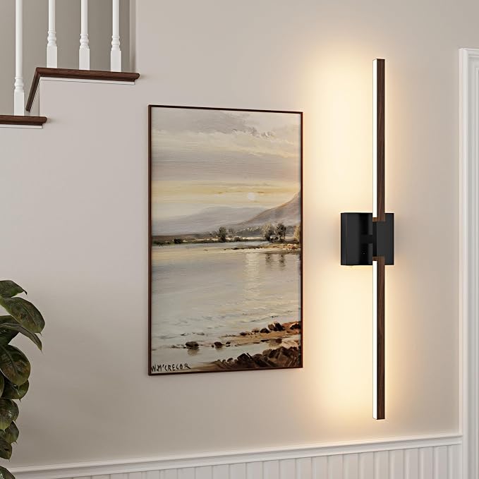 Rayogale Black Walnut Rechargeable Wall Sconce with Remote Control 40 Inch | 3000/4500/6000K Dimmable 8000mAh Wireless Battery Operated Wall Sconces Set of Two with Timer for Living Room, Bedroom, TV
