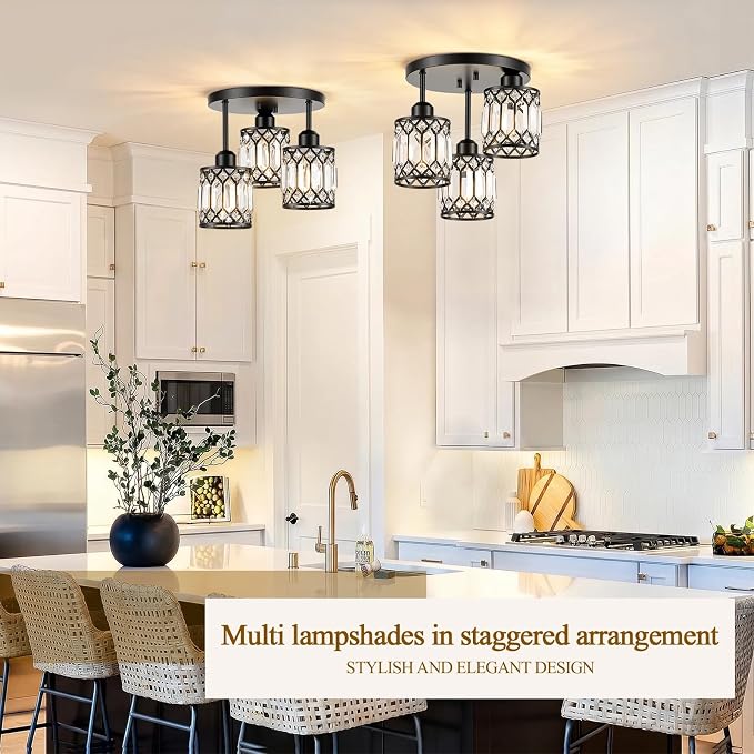 Black Crystal Ceiling Light Fixture, 3-Light, E26 | Modern Semi Flush Mount Ceiling Light, Kitchen Lighting Fixtures Ceiling for Hallway Bedroom Bathroom Laundry Room