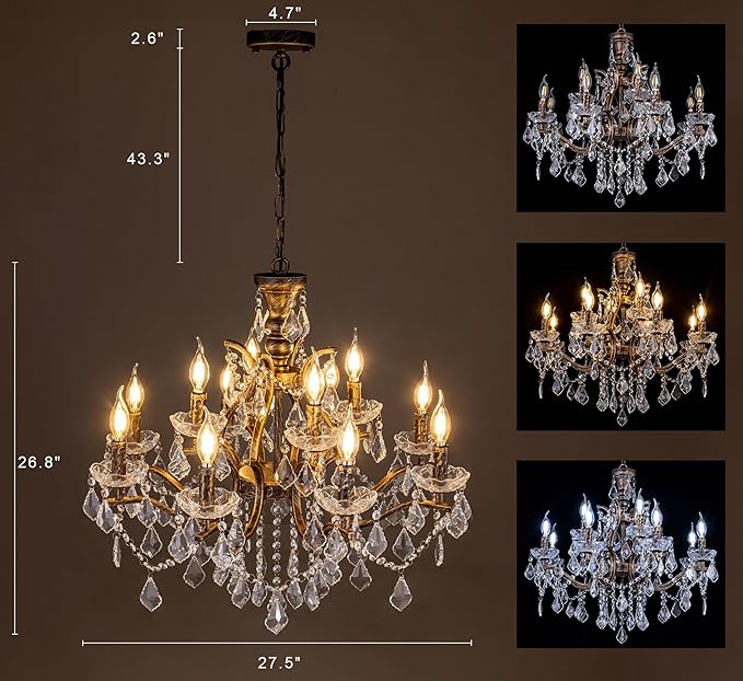 TOCHIC Vintage Chandelier for Living Room, 12 Lights Crystal Chandelier for Dining Room, 27.6" D Antique Bronze French Chandeliers Candle High Ceiling Pendant Light for Bedroom Kitchen Foyer Entryway