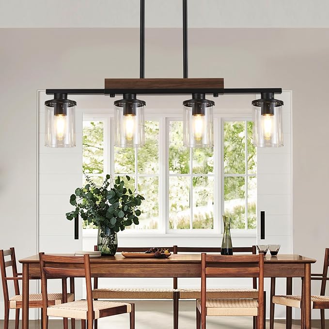 29.3" Farmhouse Dining Room Fixture Over Table, Black Chandelier | 4-Light, Modern Rustic Wood Frame, Adjustable Height, Clear Glass Shade, Ceiling Pendant Lighting for Kitchen Island
