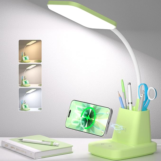 LED Desk Lamp with 10W Wireless Charging & Pen Holder, Light Green | CRI 95, 800LM, Stepless Dimming, 3 Modes, 360°Flexible Arm, Touch, Study Table Lamp for Home Office, Dorm Room, with Adapter