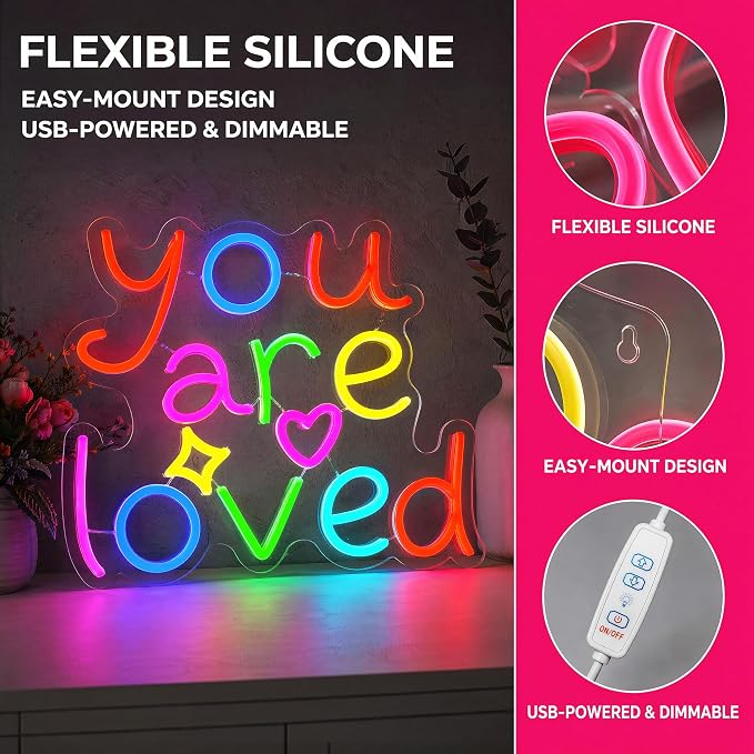 You Are Loved Neon Light for Wall Decor, Dimmable Sign for Bedroom | 16"x12" Colorful Letter Light, Birthday Gift for Daughter/Son/Girlfriend (No Adapter) 6.5ft USB Powered