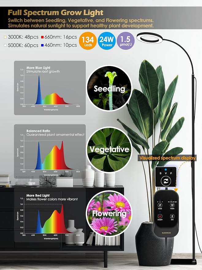 24W Grow Lights for Indoor Plants, Full Spectrum LED Plant Light With Stand | Dimmable, 3 Lighting Modes, 23"-79" Adjustable Height, Plant Growing Lamp with 3/9/12/16H Timer, Black Single Head Floor Lamp