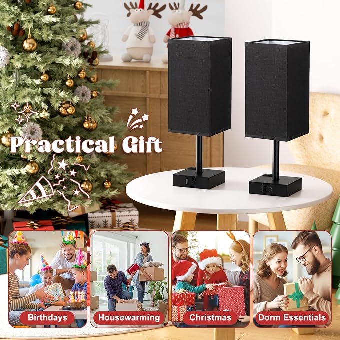 Set of 2 Black Table Lamp for Bedroom - Dimmable Touch, USB C+A, AC Outlet | 3-Way Dimming, 5000K Daylight Bulb Included, Nightstand Lamp with Square Linen Shade, Small Room Decor for Men, Boys, Desk