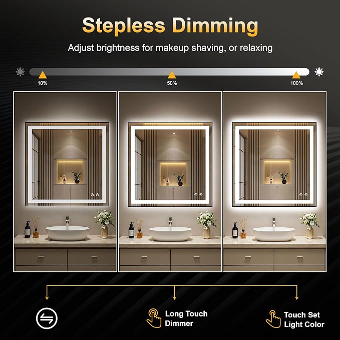 LED Bathroom Mirror with Light, 30x30 Vanity Mirror for Wall with Frame | Anti-Fog, Dimmable 3 Colors, Memory Function, Backlit and Front Lit, Shatter-Proof Glass, Plug-in/Hardwired