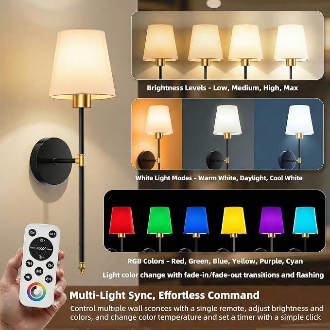 IRONPAX Wall Sconces Battery Operated Set of 2, Wireless Rechargeable Wall Sconce Set of Two, Dimmable Wall Lights with Remote for Bedroom Living Room Hallway Decor (Gold-Black, Fabric Shade)