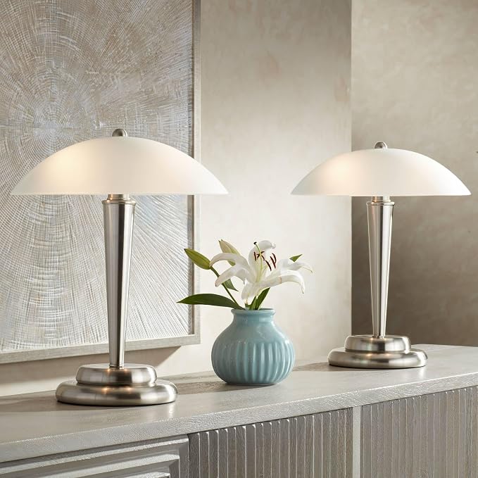 Deco 17" High Chrome Small Accent Lamps Set of 2 Silver Touch On-Off Steel | Dome Frosted Modern Glass White Brushed Metal Bedroom House Home Bedside Nightstand Office Family