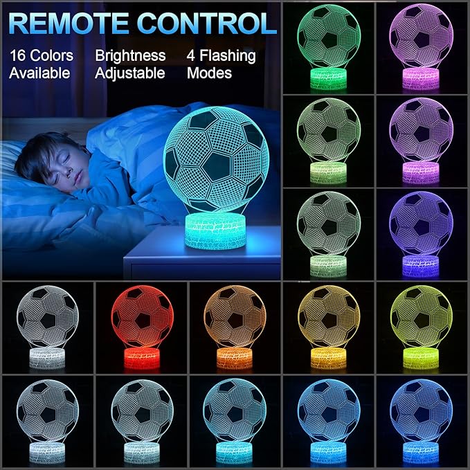 Soccer Night Light, Soccer Gifts for Boys Girls or Decor, Beauty 3D Illusion Lamp with 16 Colors Change Remote Control, Decorative Desk Lamp Christmas Creative Birthday Gift Ideal for Sport Fans