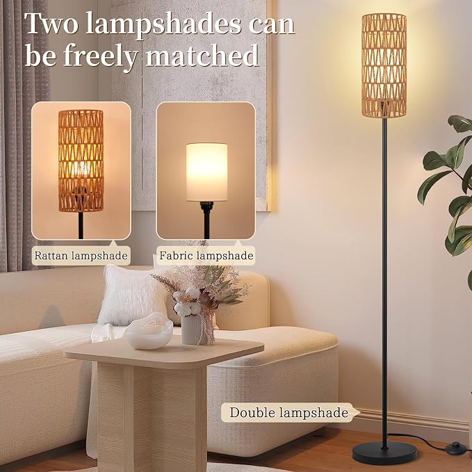 Ruiever Floor Lamp for Living Room,Farmhouse Floor lamp,Modern Standing lamp with Hand-Worked Rattan Shade (Double Shade-with Remote)
