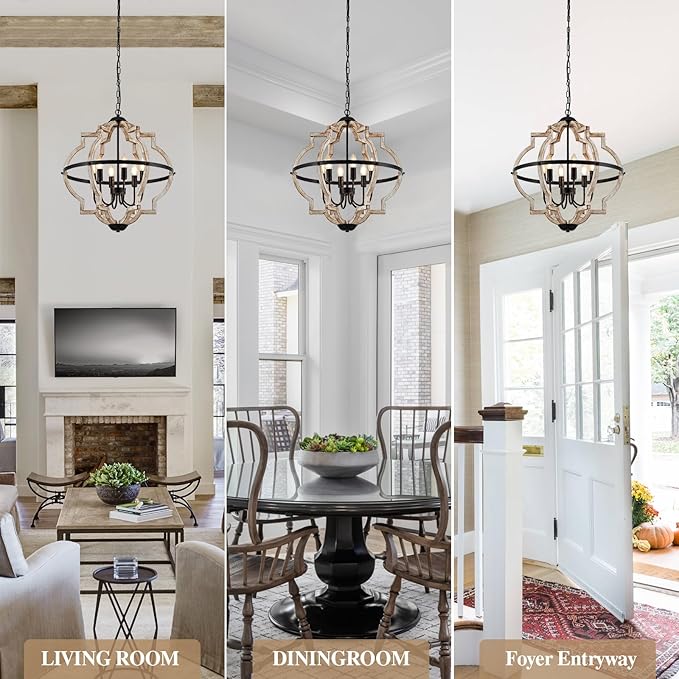 Farmhouse Chandelier for Dining Room Vintage Rustic Oak Distressed White 23'' 6-Light Wood Pendant Lighting Globe Hanging Ceiling Light Fixtures for Entryway Foyer Kitchen Living Room