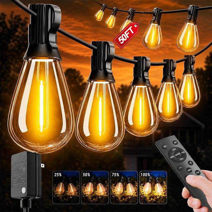 Likesky 50FT LED Outdoor String Lighats with Remote Waterproof Patio Lights with Shatterproof S11 Bulbs, Dimmable Outside Hanging Light Connectable for Porch Backyard Yard Garden Decor 2700K