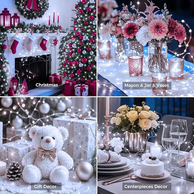 litogo 100 Pack Cool White Fairy Lights Battery Operated with Timer, 20 LED 3 Modes Twinkle Light, 7ft Waterproof Silver Wire Mini Small Bulk Mason Jar String Light, Decor for Wedding Party Christmas