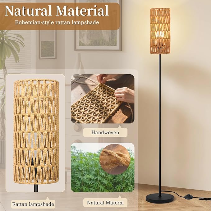 Ruiever Floor Lamp for Living Room,Farmhouse Rattan Floor lamp,Modern Standing lamp with Hand-Worked Rattan Shade,Black Tall Lamp with Foot Switch for Bedroom,Kids Room,Office,LED Bulb is Included.