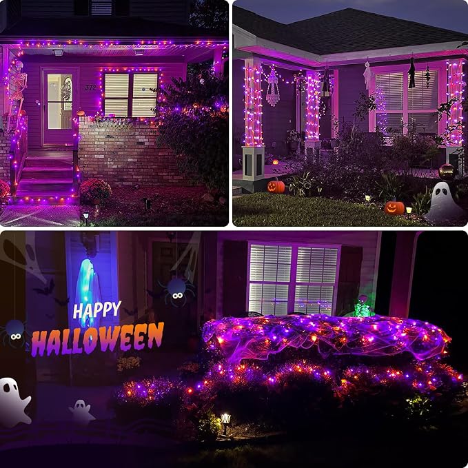 JMEXSUSS 2 Pack Orange and Purple Battery Operated Halloween String Lights | Total 200LED 8 Modes Remote Control Battery Powered Rope Lights Outdoor Waterproof for Halloween Decor