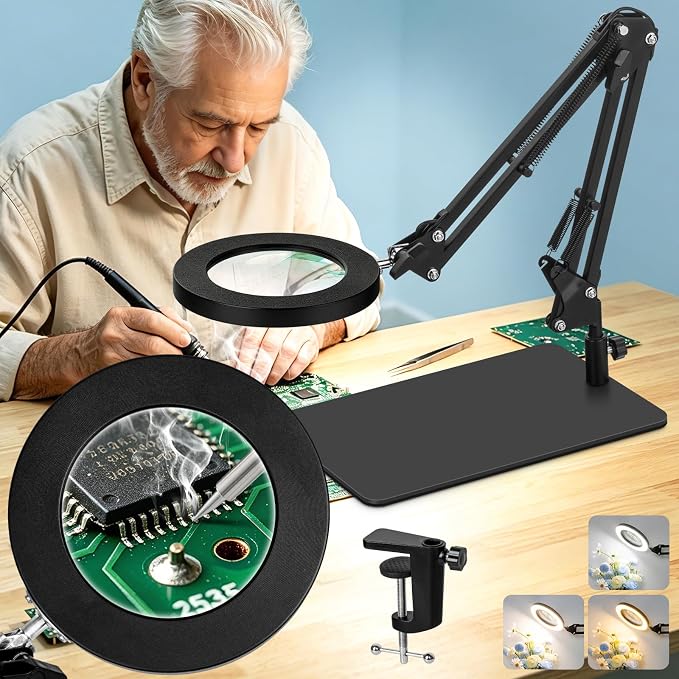 KIRKAS 12X Magnifying Glass with Light and Stand, 2-in-1 Real Glass Lens | Magnifying Desk Lamp with Clamp, 3 Color Modes Stepless Dimmable Magnifier Light for Repair, Reading, Craft, Sewing - Black