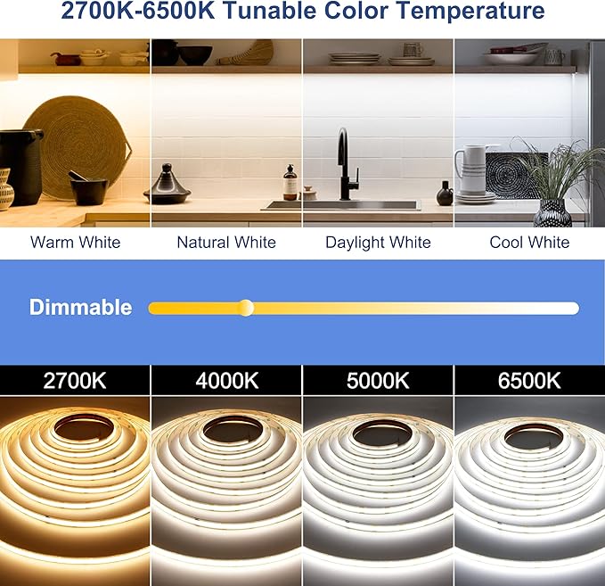 CCT COB LED Strip Lights, 32.8ft Dimmable 2700K-6500K 24V Tunable White LED Light Strip Kit, High Density CRI 90+ LED Strips with Remote Controller and Power Supply, for Bedroom Kitchen Home Lighting