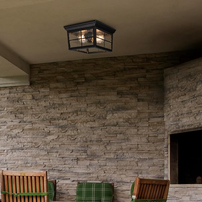 Maxxima Outdoor Flush Mount Ceiling Light Fixture, Black with Water Glass | Square Farmhouse Porch or Patio Light, Close to Ceiling Entryway, Bulbs Not Included, 2-Light, E26