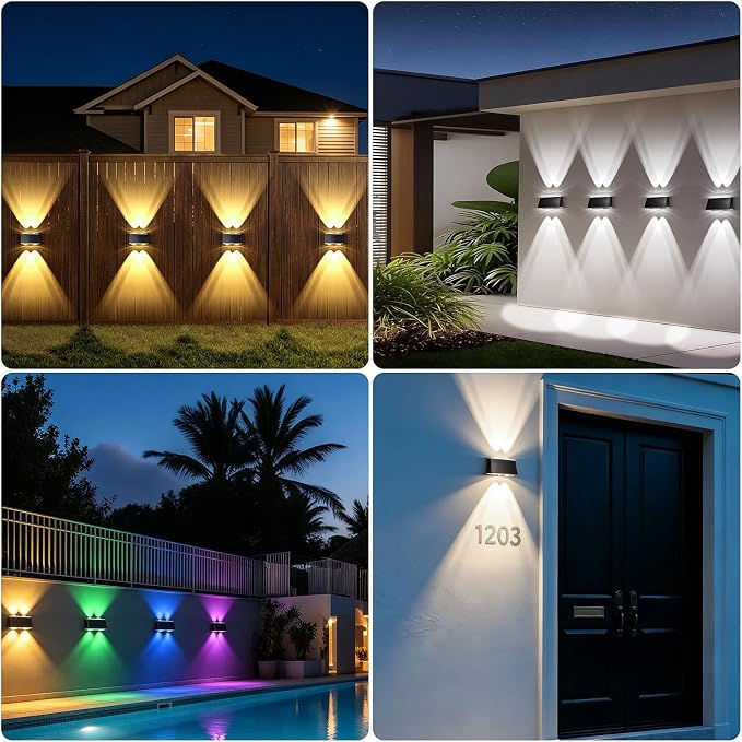LANSOW Solar Fence Lights Outdoor 16 Pack, Fence Lights Solar Powered Waterproof, 10-Mode Warm/Cool/Neutral White & RGB, Up-Down Led Wall Lights Dusk to Dawn Decor for Yard, Deck, Patio, Pool, Railing