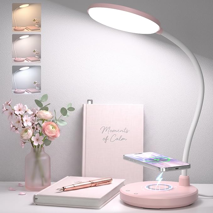 Pink Desk Lamp, Cute Desk Lamp for Girls, Wireless Charger, Dorm | 3 Color Modes, Stepless Dimming Desk Light, 360°Flexible Neck Table Lamp for Bedside Reading, Kids Room, with Adapter