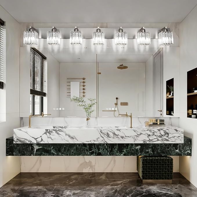 Aipsun Brushed Nickel Bathroom Light Fixtures Crystal Vanity Lighting Fixture Modern Bathroom Vanity Light 7 Light (Exclude Bulb)