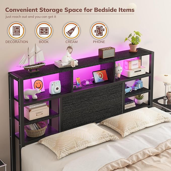 Homkdom Full Bed Frame with Storage Headboard and Charging Station，Black | LED Lights，12.2" Under-Bed Storage，Supports up to 1100 LBS，No Box Spring Needed，Noise-Free,Easy Assembly