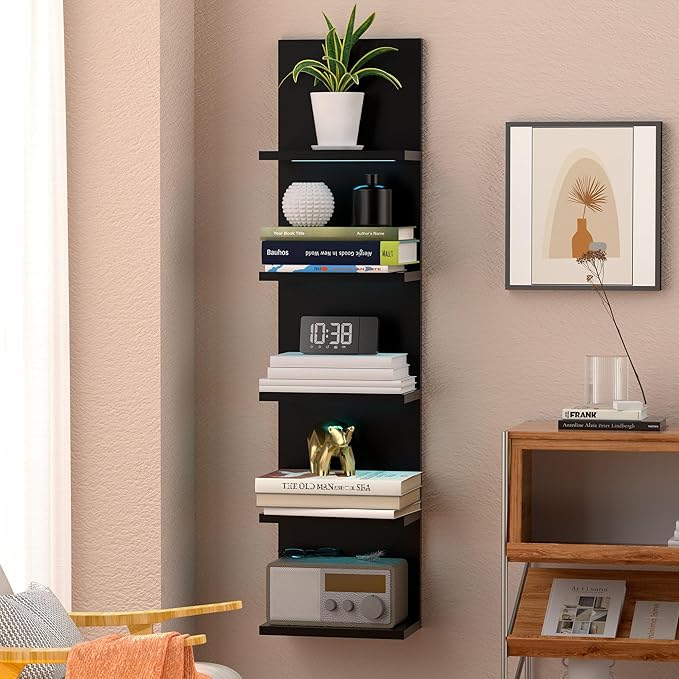 5-Tier Wall Shelf Unit with RGB Light, Floating Lack Shelf for Storage, Wall Mounted Vertical Display Shelf for Bedroom Living Room Vanity, Black