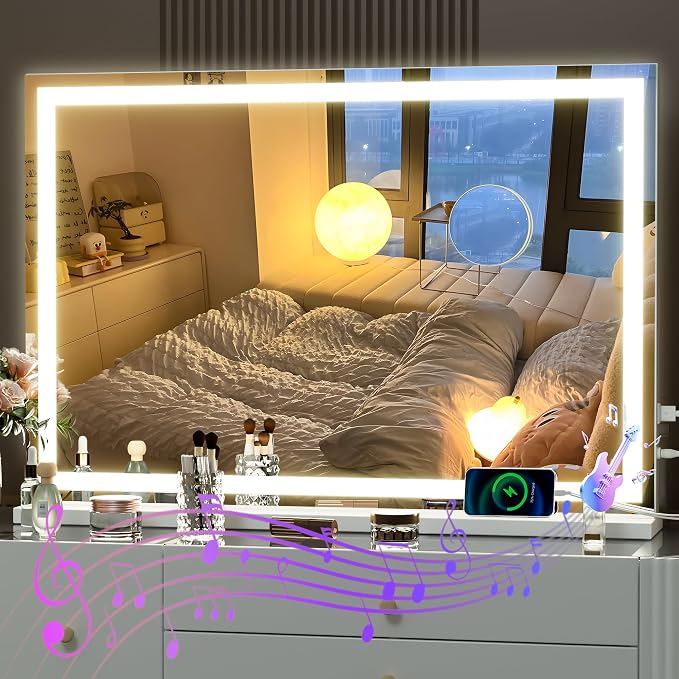 Hasipu Vanity Mirror with Lights and Bluetooth Speaker, 37" x 25.6" LED Makeup Mirror, Lighted Makeup Mirror with Dimmable 3 Modes, Touch Screen Control Vanity Mirror Square White