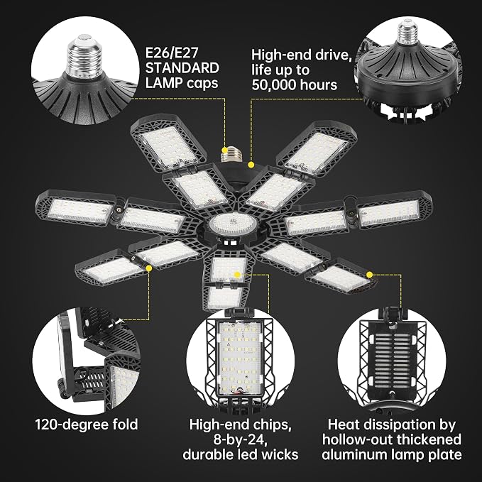 LED Garage Light,Super Bright Screw in E26/E27 Ceiling Shop Work Lamp, 300W 30000 Lumen Deformable Basement Bulb Fixture with 14+1 Adjustable Panels, Lighting for Workshop, Attic