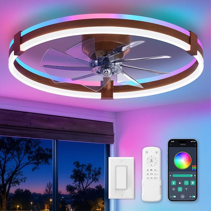ZMISHIBO 23" RGB Low Profile Ceiling Fans with Lights and Remote, Walnut | Custom RGB+3CCT Dimmable, 6 Speeds, Remote/App Control, Reversible DC Motor, Memory, Timer, Modern Fandelier for Kids/Bedroom