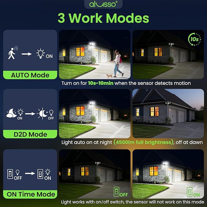 ALUSSO Motion Sensor Outdoor Lights Hardwired(Not Solar),40W 4500LM Flood Lights Outdoor 120V, 3CCT 3000K/4000K/6500K, 3 Modes(Dusk to Dawn/Auto/On Time) Security Light ETL Listed, Black, 2Pack