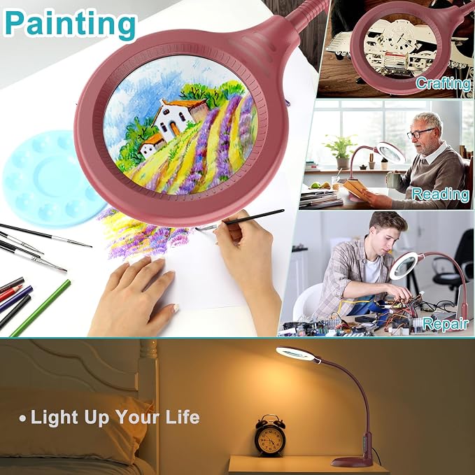 10X Magnifying Glass with Light and Clamp, 5 Color Modes Stepless Dimmable Lighted Magnifier with Stand, Flexible Gooseneck LED Desk Lamp Hands Free for Craft Painting Hobby Close Work - Red
