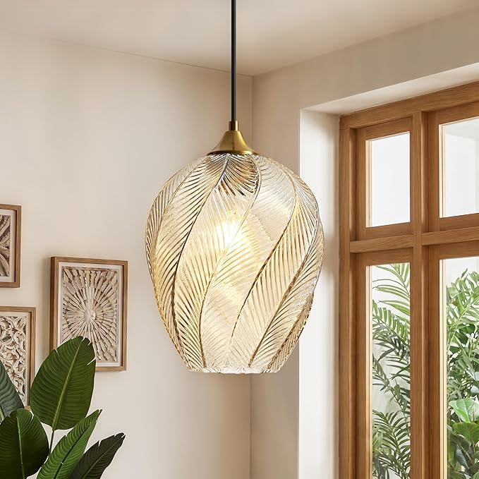 Amber Glass Pendant Lights Kitchen Island Gold Hanging Ceiling Light 8" | 1 Pack, Adjustable height, Dimmable, E26 bulbs, Rust-resistant Damp Rated For Bathrooms, 5-Year Warranty, UL Certification