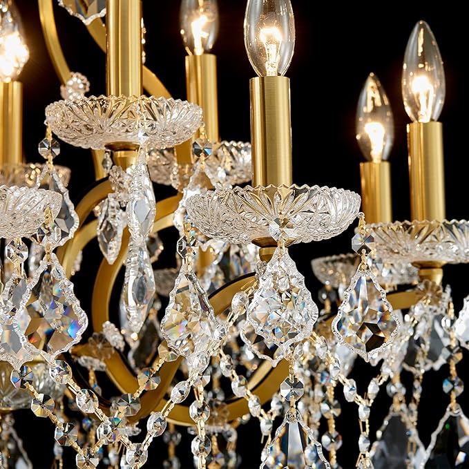 Brass Crystal Chandeliers for Dining Room 15 Lights Maria Theresa Chandeliers Modern Pendant Light Fixture Living Room Bedroom Entryway Kitchen 31.5" H x 30.7" D
