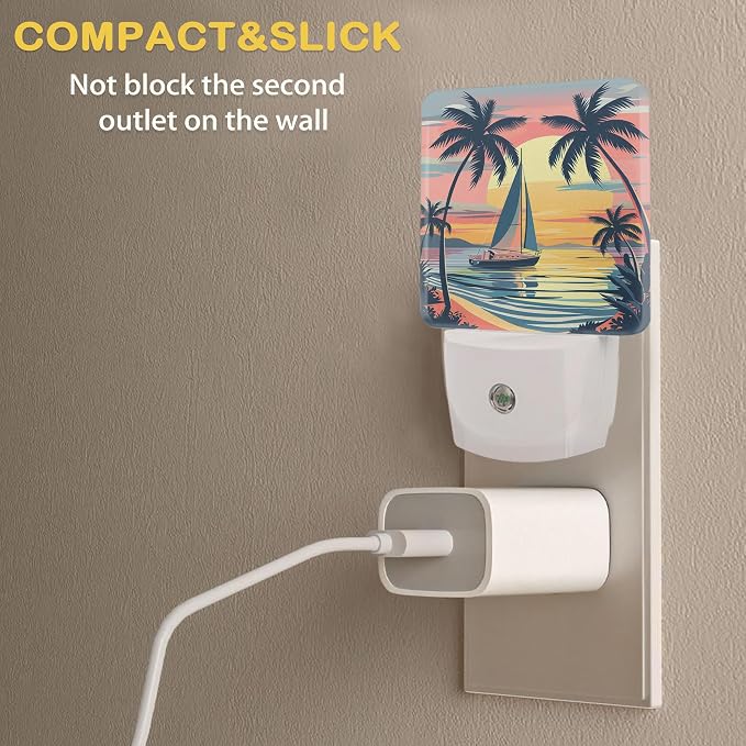 Palm Trees Night Lights Plug into Wall, Sunset Palm Trees Auto Sensor LED Night Lamp for Men Women Boys Girls Holiday Presents Gifts