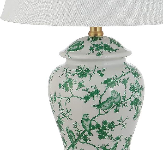 JONATHAN Y Penelope Ginger Jar 22" LED Table Lamp, White/Green | Chinoiserie, Ceramic Metal Construction, French Country Traditional, Linen Empire Shade, Brass Gold, LED Bulb Included