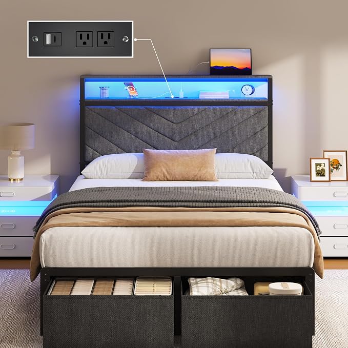 Fluest Twin Bed Frame with Storage Drawers, Upholstered Headboard with Charging Station, LED Lights, Fabric Drawers with Wheels, Under Bed Storage, No Box Spring Needed, Easy Assembly, Grey