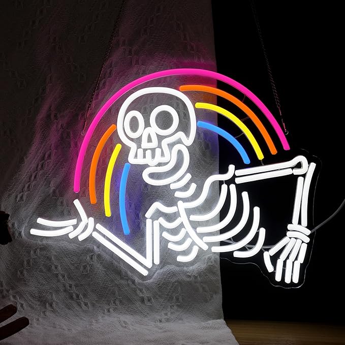 Rainbow Skeleton Halloween Neon Sign Welcoming Skull Led Neon Light Colorful Rainbow Light Up Sign for Halloween Party Christmas Bedroom Man Cave Game Room(16.5 * 12.5in)